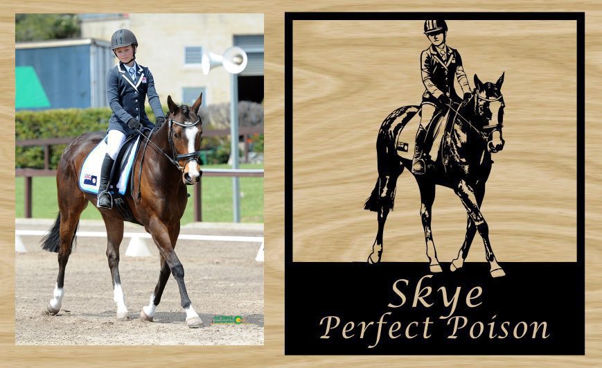 A person riding on horse beside a sign reading "Skye Perfect Poison," capturing a serene moment in nature.